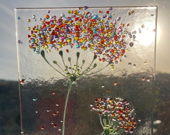 Happy little jewels Rainbow Flower fused glass Art Picture Sun Catcher & wooden display stand