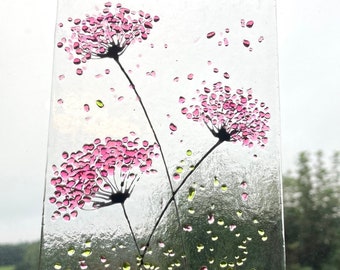 Pink whimsical Flower fused glass Art Picture Sun Catcher & Wooden Display Stand