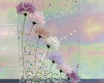 Whimsical Purple and pink mix Flowers fused glass Art Picture Sun Catcher & Wooden Display Stand