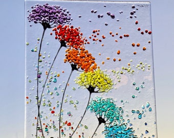 Whimsical Bright Rainbow Flowers fused glass Art Picture Sun Catcher & Wooden Display Stand