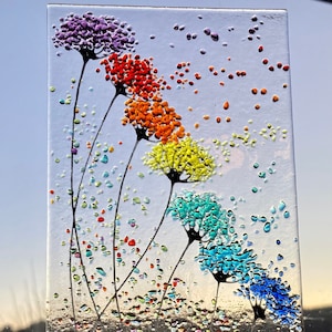 Whimsical Bright Rainbow Flowers fused glass Art Picture Sun Catcher & Wooden Display Stand
