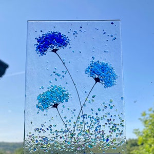 Whimsical Blue flowers fused glass Art Picture Sun Catcher & Wooden Display Stand