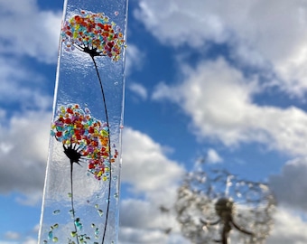 Small Fused glass Whimsical Jewel twin flowers Sun catcher 5.5" long