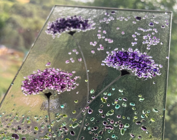 Purple mix whimsical Flower fused glass Art Picture or with Wooden Display Stand