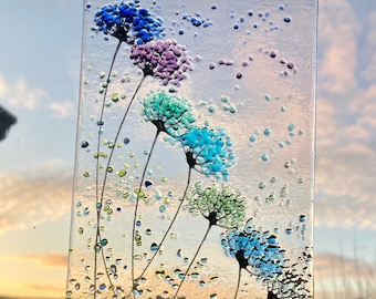 Whimsical Stand out from the crowd Flowers fused glass Art Picture Sun Catcher & Wooden Display Stand