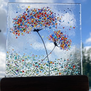 Whimsical Twin Flowers fused glass Art Picture With Oak Stand 2 sizes available