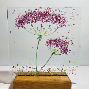 Cheerful Violet Flower fused glass Art Picture Sun Catcher & wooden display stand