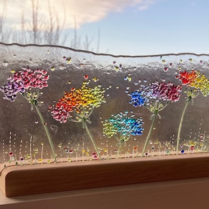 Cheerful Rainbow Flower meadow fused glass Art Picture Sun Catcher including wooden display stand