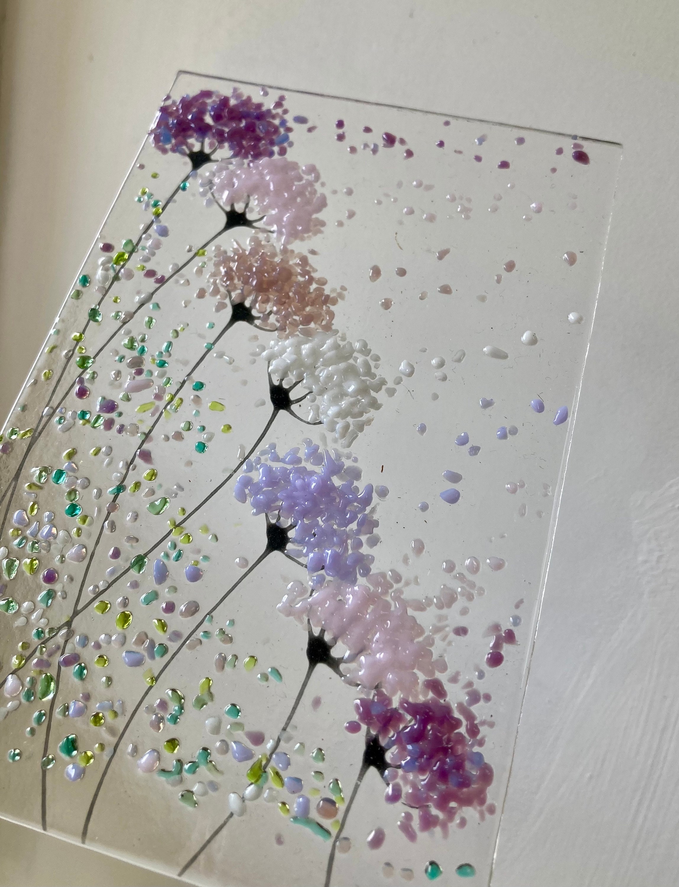 Whimsical Purple and pink mix Flowers fused glass Art Picture Sun Catcher & Wooden Display Stand