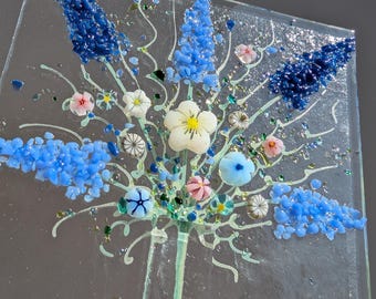 Fused Glass Flower Bouquet Art Picture with Oak Stand (10x11 cm)