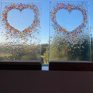 Jewelled Love heart fused glass Art Picture With Oak Stand image 4
