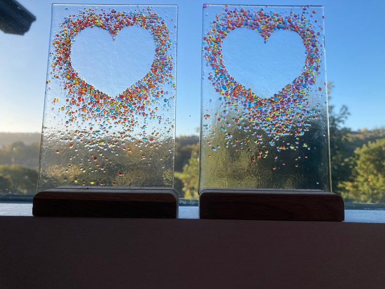 Jewelled Love heart fused glass Art Picture With Oak Stand image 4