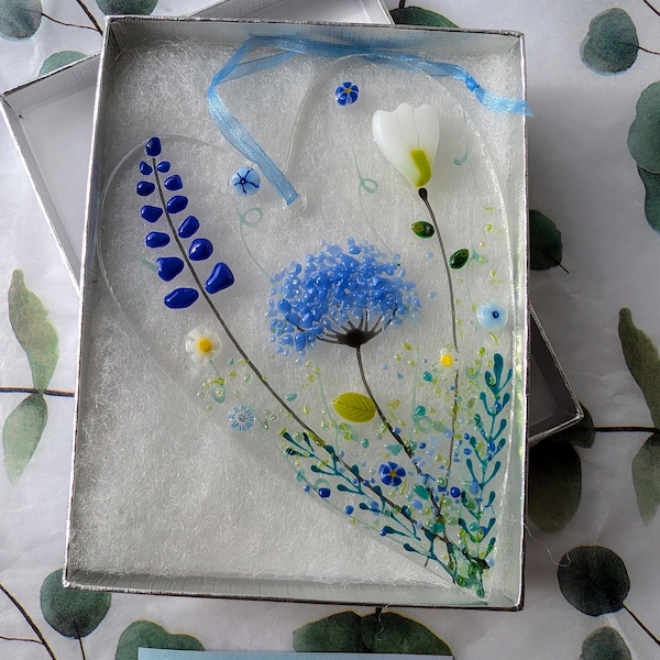 Limited Edition Special Floral love heart fused glass hanging sun catcher