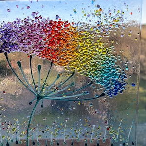 Large Cheerful Rainbow Allium Flower fused glass Art Picture Sun Catcher & wooden display stand