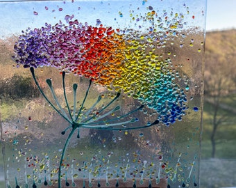 Large Cheerful Rainbow Allium Flower fused glass Art Picture Sun Catcher & wooden display stand
