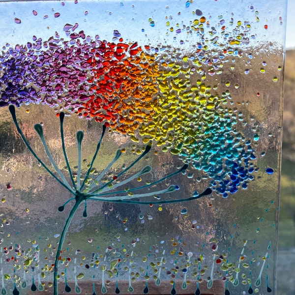 Large Cheerful Rainbow Allium Flower fused glass Art Picture Sun Catcher & wooden display stand