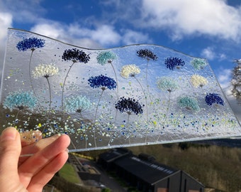 12” Long Whimsical Opaque Blue mix of meadow flowers fused glass Art Picture complete with wooden display stand