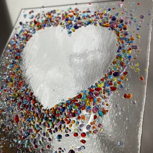 Jewelled Love heart fused glass Art Picture With Oak Stand Blue Rainbow mix