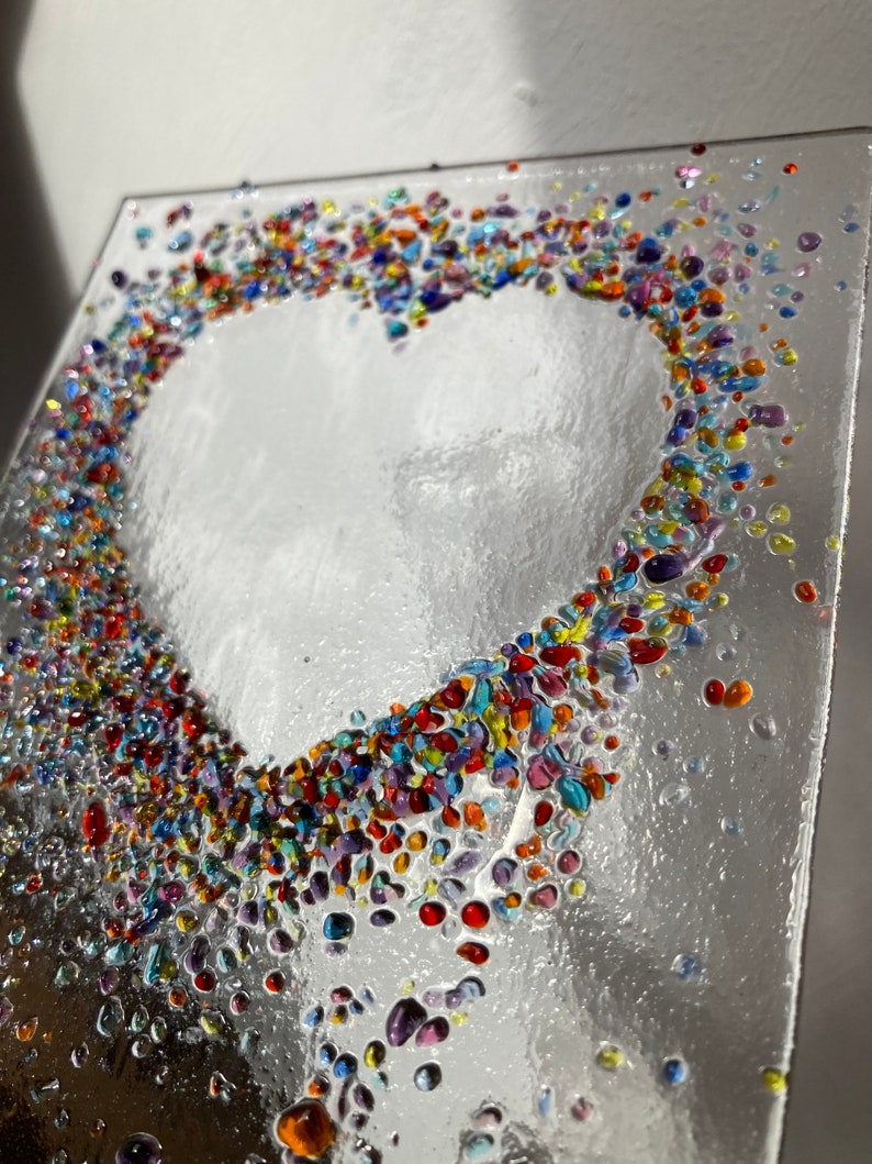 Jewelled Love heart fused glass Art Picture With Oak Stand Blue Rainbow mix