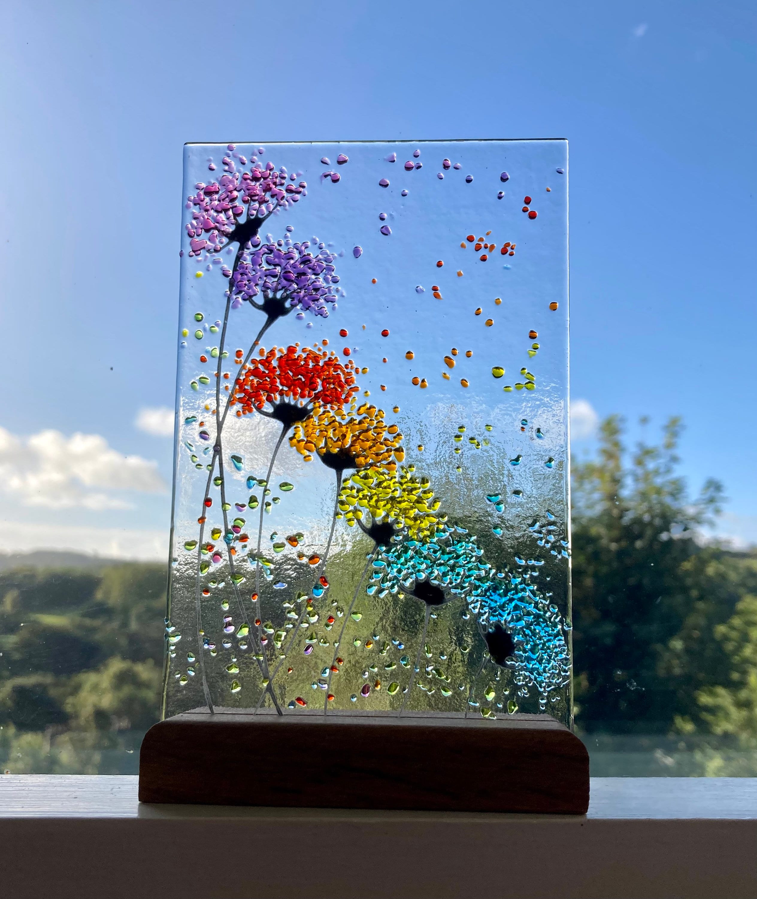 Whimsical Bright Rainbow Flowers fused glass Art Picture Sun Catcher & Wooden Display Stand