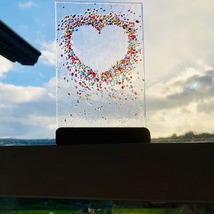 Jewelled Love heart fused glass Art Picture With Oak Stand image 6