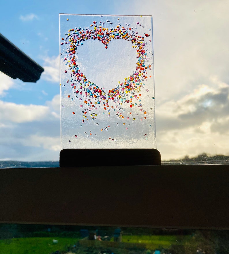 Jewelled Love heart fused glass Art Picture With Oak Stand image 6