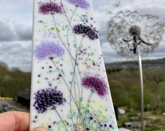 12” Fused glass hanging pretty purple and violet Flower Meadow