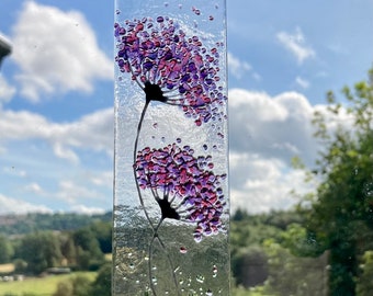 Fused glass Whimsical Jewel twin flowers Sun catcher 7.5” / 19cm long