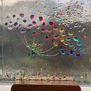 Fused glass Rainbow Allium flower 3D Art Picture sun catcher with wooden stand