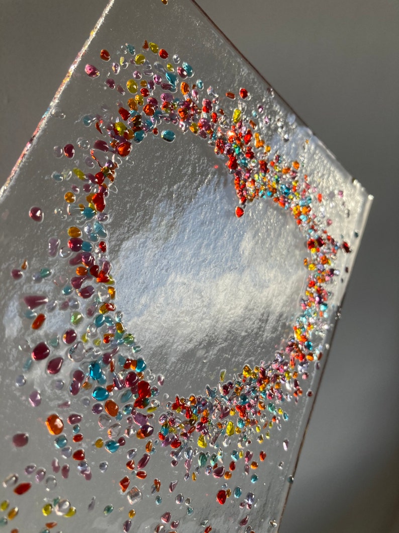 Jewelled Love heart fused glass Art Picture With Oak Stand image 5