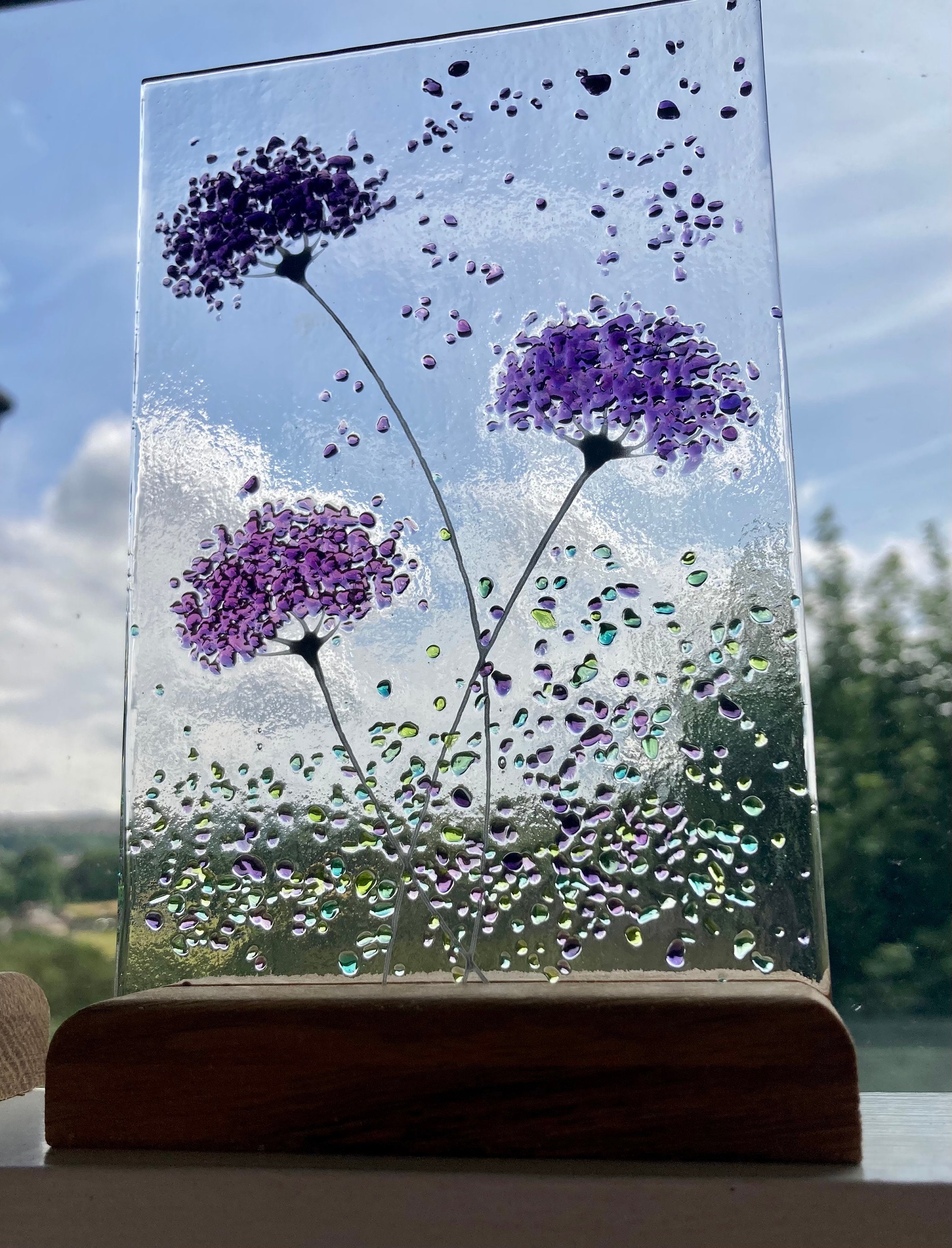 Purple mix whimsical Flower fused glass Art Picture or with Wooden Display Stand