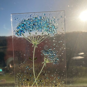 Cheerful Blue Allium Flower fused glass Art Picture Sun Catcher & wooden display stand