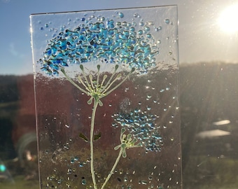 Cheerful Blue Allium Flower fused glass Art Picture Sun Catcher & wooden display stand
