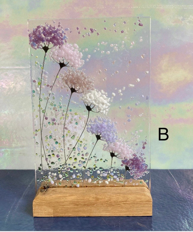 Whimsical Purple and pink mix Flowers fused glass Art Picture Sun Catcher & Wooden Display Stand