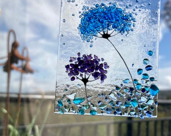 Fused Glass Flower Suncatcher, Blue & Purple Whimsical Jewels, Handmade
