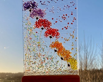 Whimsical Bright Sunset Flowers fused glass Art Picture Sun Catcher & Wooden Display Stand