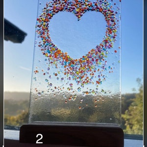 Jewelled Love heart fused glass Art Picture With Oak Stand image 3