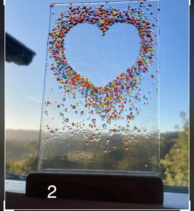 Jewelled Love heart fused glass Art Picture With Oak Stand image 3