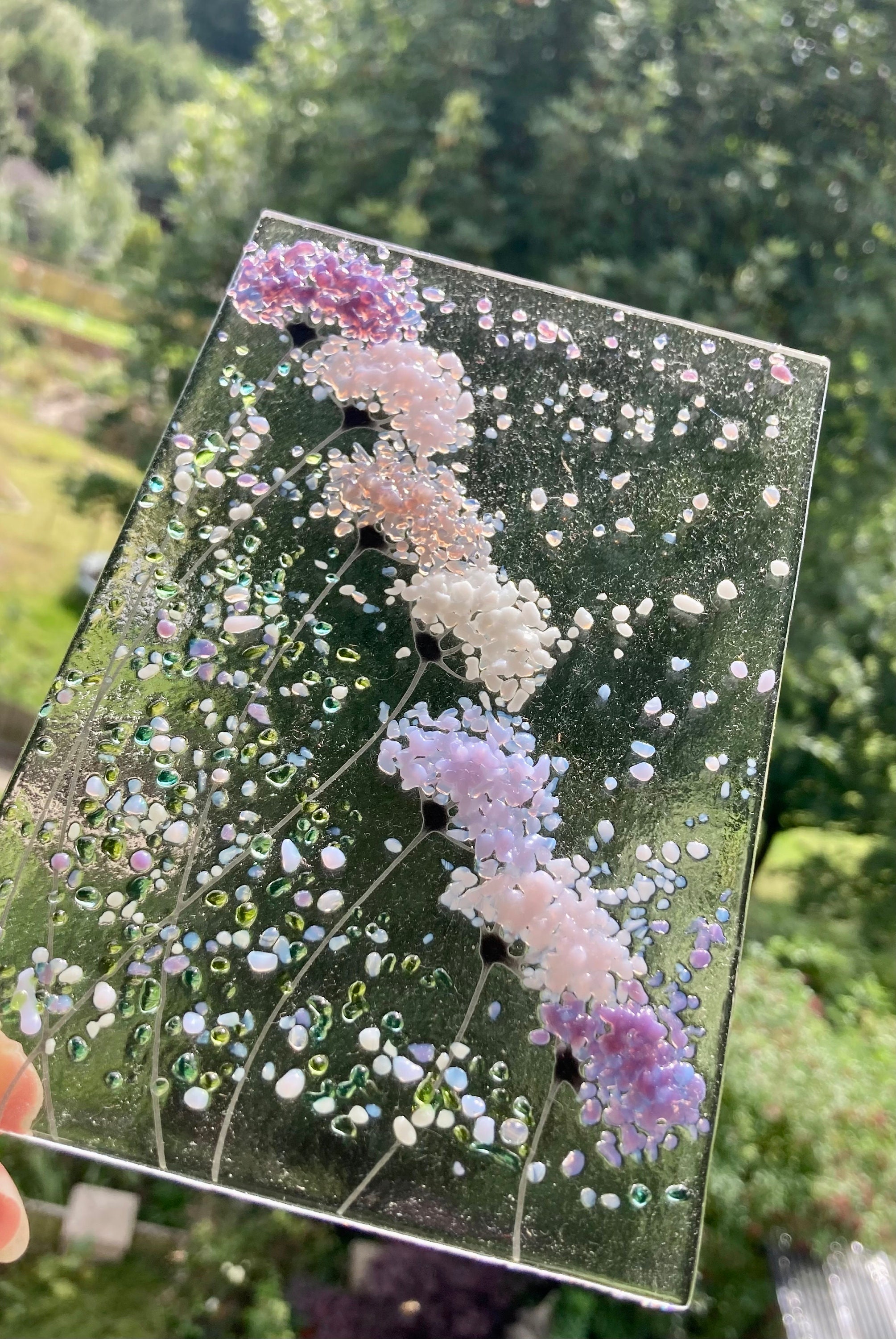 Whimsical Purple and pink mix Flowers fused glass Art Picture Sun Catcher & Wooden Display Stand