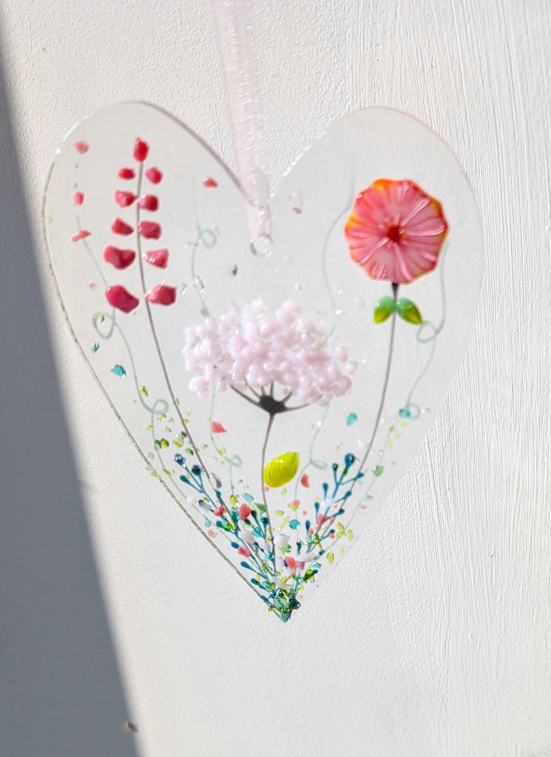 Limited Edition Special Floral love heart fused glass hanging sun catcher