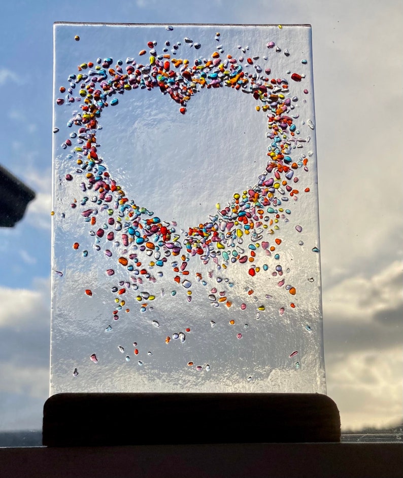 Jewelled Love heart fused glass Art Picture With Oak Stand Rainbow