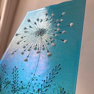 Large Delicate Turquoise iridescent white Allium Flower fused glass Art Picture Sun Catcher with oak display stand
