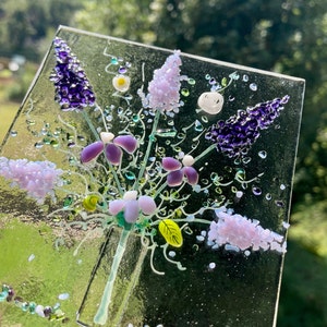 Small Cheerful Everlasting Forever Flower Bouquet fused glass Art Picture With Oak Stand #1