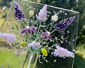 Small Cheerful Everlasting Forever Flower Bouquet fused glass Art Picture With Oak Stand #1