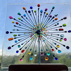 Cheerful Rainbow Starburst fused glass Art Picture Sun Catcher & wooden display stand