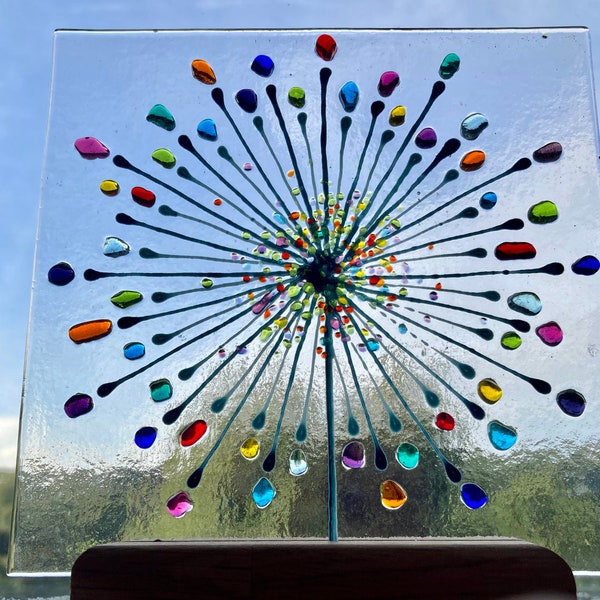 Cheerful Rainbow Starburst fused glass Art Picture Sun Catcher & wooden display stand