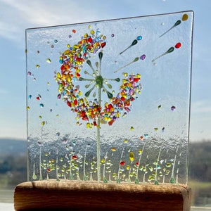 Small Cheerful Make a wish dandelion Flower fused glass Art Picture With Oak Stand