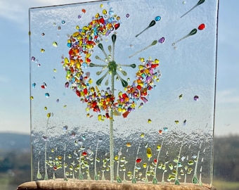 Small Cheerful Make a wish dandelion Flower fused glass Art Picture With Oak Stand