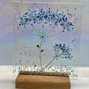 Mixed Blues Allium Flowers fused glass Art Picture Sun Catcher & wooden display stand