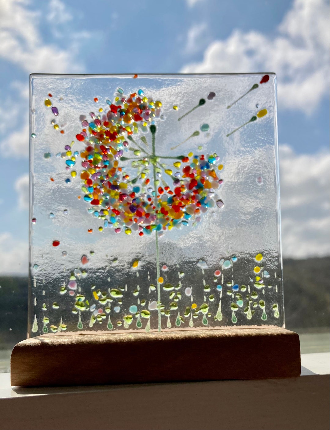 View of Small Semi-opaque Cheerful Make a Wish Dandelion Flower Fused Glass Art ...
